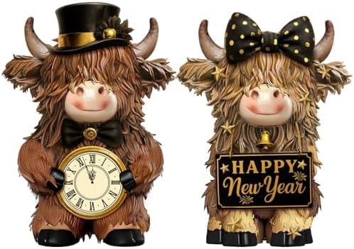 2 Pcs Happy New Year Highland Cow Figurines Decor, New Year Gifts by Burbell