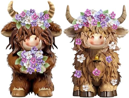 2 Pcs Resin Highland Cow Figurines Decor, Lilacs Theme by Burbell