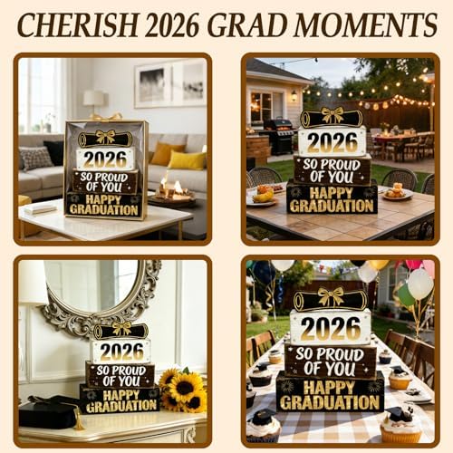 2026 Graduation Table Decorations Class of 2026 Senior Tiered Tray Decor Wooden Happy Graduation Signs Farmhouse Congrats Grad Tabletop Party Centerpiece for Tables Wooden Sign for Home Decor - Image 6