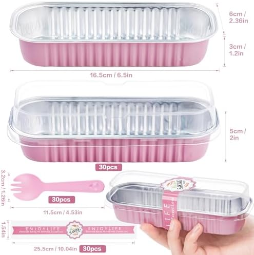 Mini Loaf Pans with Lids and Spoons Aluminum Foil, Disposable 6.8oz/200ml Pink Mini Cake Pans with Lids, Small Cake Tins Foil Bread Pan for Christmas Halloween Party Rectangle 30 Pack - Image 2