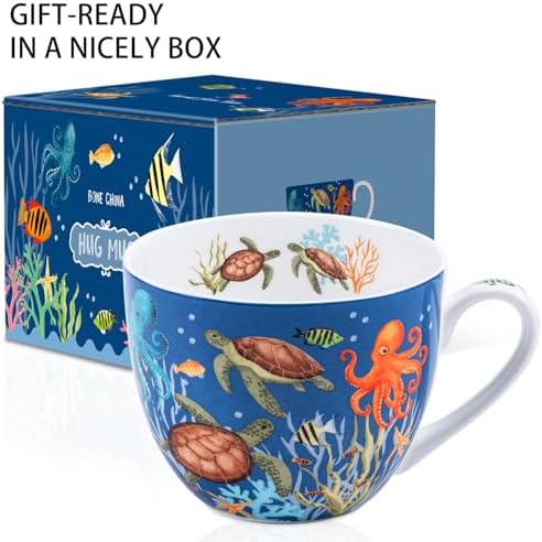Summer Ocean Wonders Hug Mug - 20oz Deep Blue Bone China Coffee Mug with Sea Turtle, Octopus and Tropical Fish, Marine Life Themed Gift for Ocean Lovers, Designed in England by Harvest Green Studio - Image 3