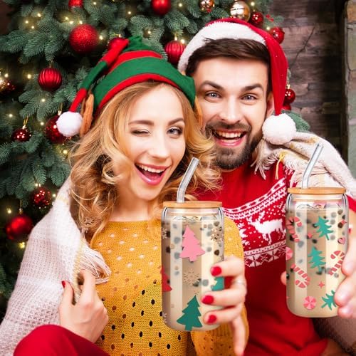 SiliFine 6 Pcs Christmas Glass Cups, 16 oz with Lids and Straws - Image 5