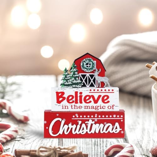 MEETYAMOR Christmas Decor, Large Size 3-Layered Wood Block with in the magic of believe Sign Christmas Table Decor, Farmhouse Rustic Xmas Decorations Indoor for Home, Mantle, Shelf, Living Room - Image 5