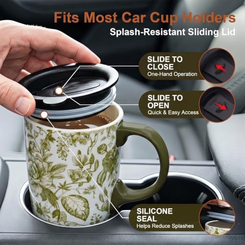 Topadorn 17 Oz Ceramic Coffee Travel Mug with Spill Proof Lid & Handle, Microwave Dishwasher Safe Tea Cup, Green Leaf - Image 6