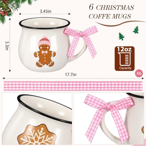 Sawysine 6 Pink Gingerbread Christmas Mugs, 12 oz Ceramic Holiday Cups - Image 3