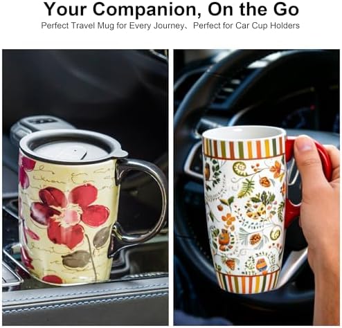 Topadorn Ceramic Travel Mugs Set of 2, 17oz Flora Coffee Mug with Lids - Image 4