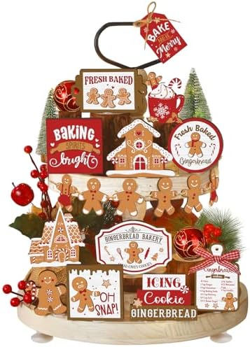Funnymoom 17 Pcs Christmas Tiered Tray Decor Gingerbread Man Tray Decor Set by Funnymoom