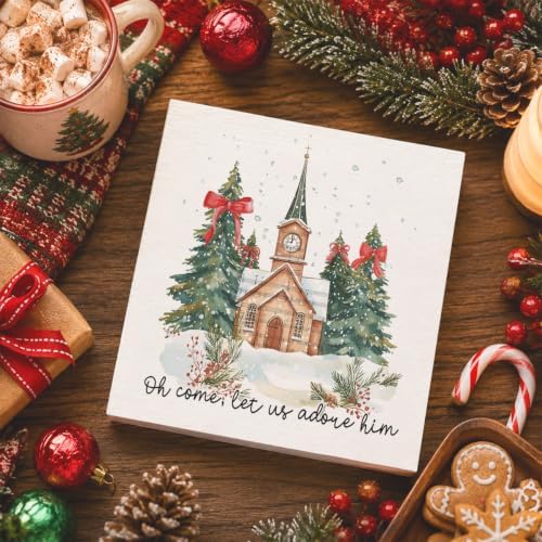 Christmas Decorations, Christian Christmas Decorations Indoor, Coquette Bow Xmas Tree Church Sign Gift for Women Friends, Rustic Wooden Box Sign for Home Office Bedroom Desk Decor 5x5 Inches - Image 4