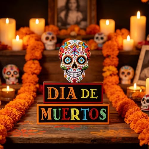 MEETYAMOR Day of the Dead Decor, Wood Block Sugar Skull Dia De Los Muertos Decorations with DIA DE MUERTOS Sign, 3-Layered Wooden Skeleton Decor for Altar, Ofrenda, Home, Table, Mexican Fiesta - Image 6