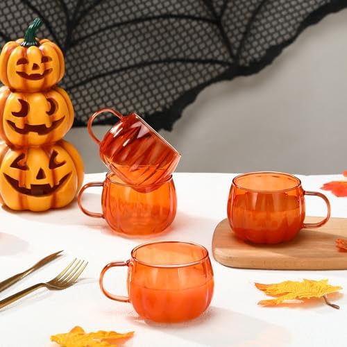 Didaey 4 Pcs Fall Pumpkin Coffee Mugs Bulk Orange Thanksgiving Glass Cups - Image 5