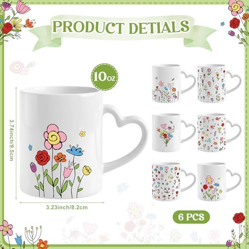 Wildflower Heart Handle Coffee Mug Set of 6, Ceramic 10 Oz Cups - Image 2