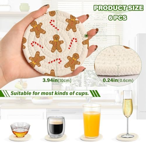 YETTASBIN Christmas Gingerbread Man 6 Pcs Drink Coasters with Holder, Cotton Woven Absorbent Heat-Resistant Round Coaster Set Tabletop Protector for Kitchen Bar Home Decor Housewarming Gift, 3.9 in - Image 3