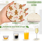 YETTASBIN Christmas Gingerbread Man 6 Pcs Drink Coasters with Holder, Cotton Woven Absorbent Heat-Resistant Round Coaster Set Tabletop Protector for Kitchen Bar Home Decor Housewarming Gift, 3.9 in - Image 3