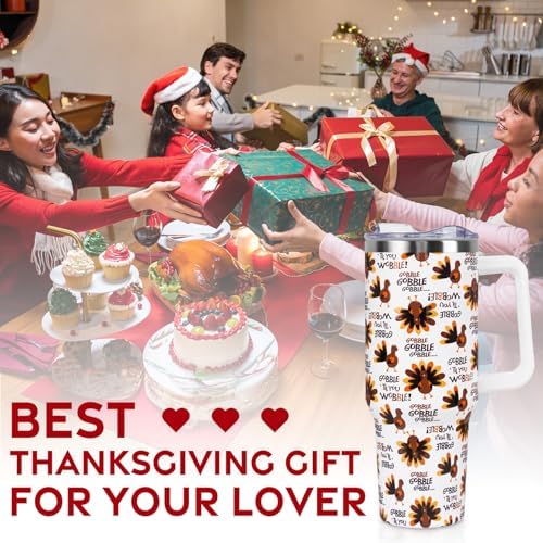 Thanksgiving Tumbler with Handle and Straw Lid 40 oz,Cute Gobble till you Wobble Turkey Gifts for Women Vacuum Insulated Leak Proof Tumbler,Winter Holiday Accessories Stainless Steel Coffee Cup Mug - Image 7