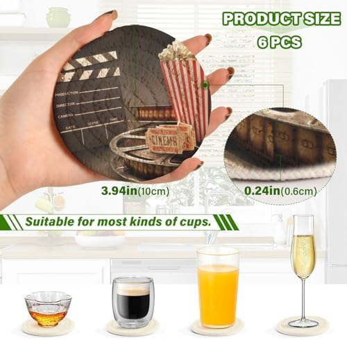 YETTASBIN Movie Theater Popcorn 6 Pcs Drink Coasters with Holder, Cotton Woven Absorbent Heat-Resistant Round Coaster Non-Slip Table Mat for Kitchen Bar Home Decor Housewarming Gift, 3.9 in - Image 3