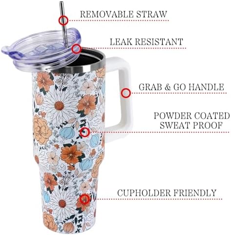 Floral Strawberry Tumbler with Handle and Straw Lid 40 oz,Cute Spring Summer Gift for Women Men Friends Boho Flowers Vacuum Insulated Leak Proof Stainless Steel Coffee Cup Mug - Image 3