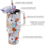 Floral Strawberry Tumbler with Handle and Straw Lid 40 oz,Cute Spring Summer Gift for Women Men Friends Boho Flowers Vacuum Insulated Leak Proof Stainless Steel Coffee Cup Mug - Image 3