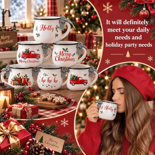 Potchen 6 Pcs 5 oz Christmas Coffee Mugs with Ribbons,Fresh - Image 3