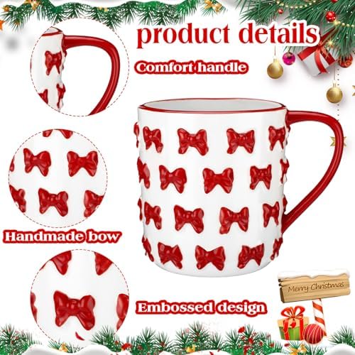 Vesici Christmas Mugs Ceramic Cute Coffee Mug with Handle,Red Bow - Image 5