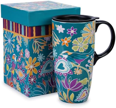 Topadorn 17oz Ceramic Travel Mug with Lid, Bird Floral Coffee Mug by Topadorn