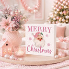 Pink Christmas Decor, Vintage Christmas Decorations Indoor, Snowflake Santa Claus Sign Gift for Women Friends, Rustic Farmhouse Wooden Box Sign for Home Office Bedroom Desk Decor 5x5 Inches - Image 3