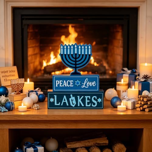 MEETYAMOR Hanukkah Decorations for Home, 3-Layered Wood Block with Dreidel Star of David Menorah Hanukkah Decor, Decorative Blue Jewish Judaism Chanukah Decor for Mantel Tabletop Party - Image 4