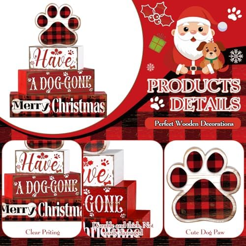Moucuny 4 Pcs Christmas Dog Table Decorations Wooden Farmhouse Block Signs - Image 3