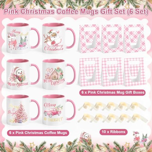 LemonRoad 6 Sets Pink Christmas Mugs 12 oz Xmas Coffee Mugs with Mug Boxes - Image 2