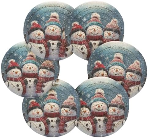 YETTASBIN Christmas Snowman 6 Pcs Drink Coasters with Holder, Cotton Woven Absorbent Heat-Resistant Round Coaster Set Tabletop Protector for Kitchen Bar Home Decor Housewarming Gift, 3.9 in - Image 2