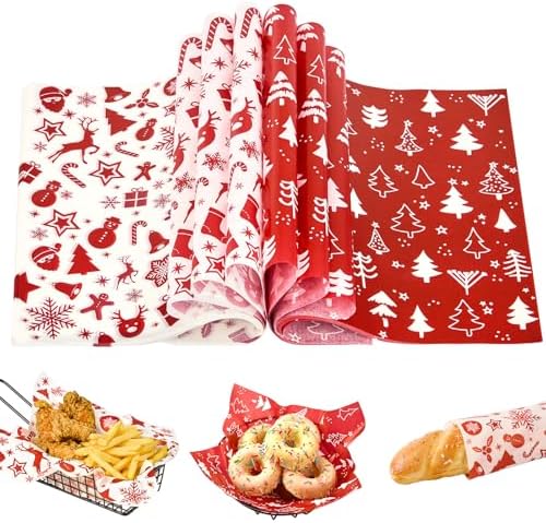 Zezzxu 100 Sheets Wax Paper for Food, Red and White Parchment Paper for Cookie Box Deli Wrapping Grease Resistant Basket Liners (9.8 x 9.8 Inches) by Zezzxu