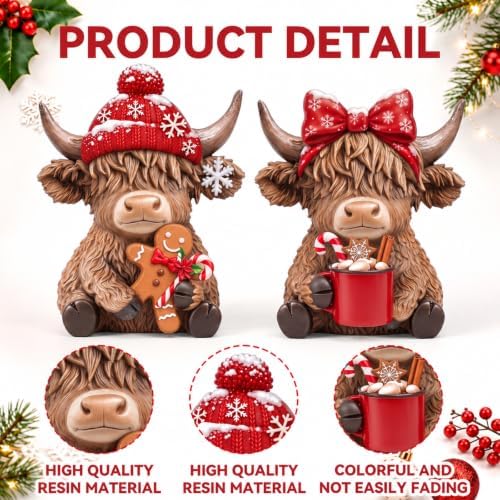 2 Pcs Christmas Highland Cow Figurines, Resin Christmas Decor - Image 4