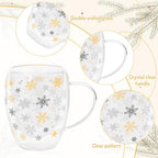 JarThenaAMCS Christmas Double Wall Glass Coffee Mugs 12Oz Gold Silver Snowflake Insulated Glasses Clear Espresso Cups with Handle for Winter Xmas Holiday Supplies, Set of 2 - Image 3