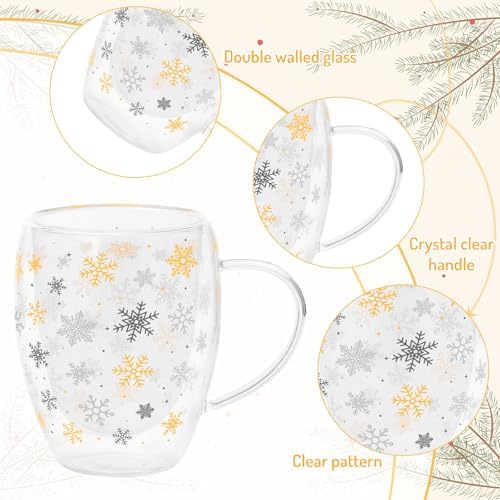 JarThenaAMCS Christmas Double Wall Glass Coffee Mugs 12Oz Gold Silver Snowflake Insulated Glasses Clear Espresso Cups with Handle for Winter Xmas Holiday Supplies, Set of 2 - Image 3