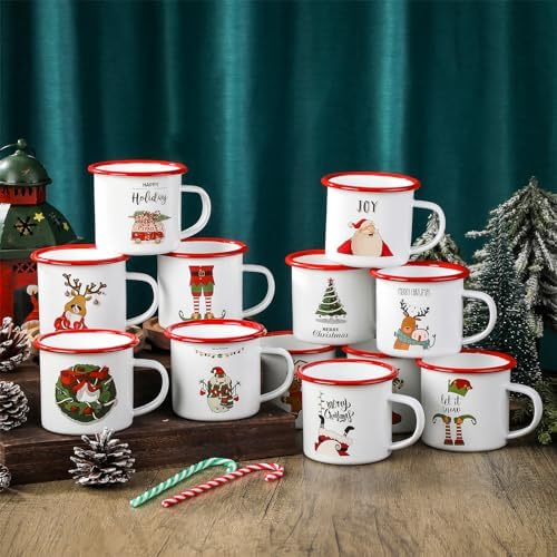 CHENGU 12 Pack Christmas Enamel Mugs 12 oz Coffee Cups, Classic Style - Image 3