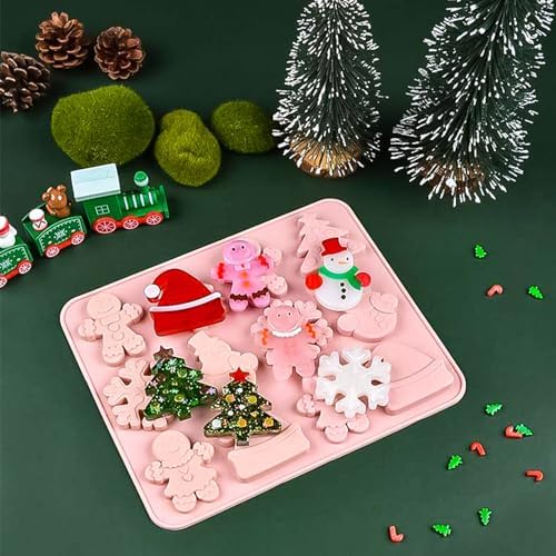 3PCS Christmas Silicone Cookie Molds, Xmas Chocolate Molds Holiday Gummy Candy Butter Mold Wax Melt Mold Christmas Tree Gingerbread Snowman Snowflakes Socks Bells Santa Hat Baking Mold (Xmas-Pink-B) - Image 5