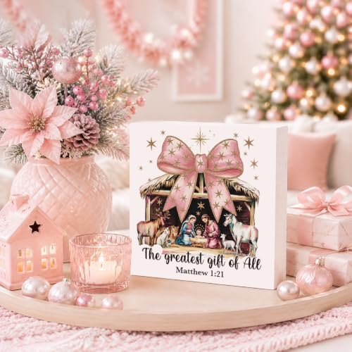 Pink Christmas Decor, Christian Christmas Decorations Indoor, Glitter Bow Nativity Scene Sign Gift for Women Friends, Rustic Wooden Box Sign for Home Office Bedroom Desk Decor 5x5 Inches - Image 3