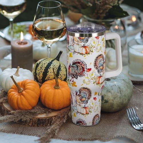 Thanksgiving Tumbler with Handle and Straw Lid 40 oz,Cute Thankful Thanks Turkey Pumpkin Gifts for Women Vacuum Insulated Leak Proof Tumbler,Winter Holiday Accessories Stainless Steel Coffee Cup Mug - Image 2