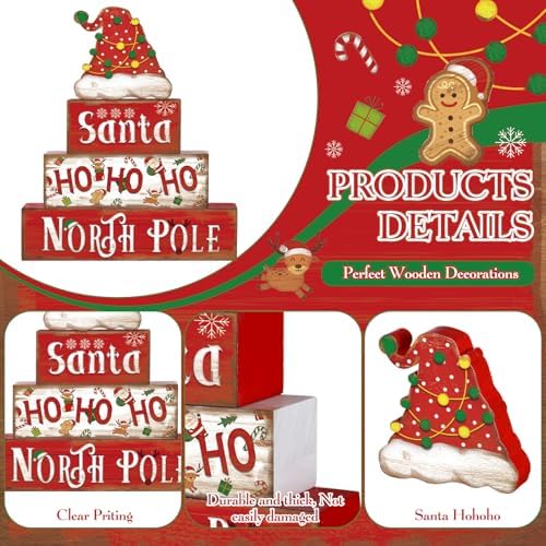 Moucuny 4 Pcs Christmas Table Decorations Santa Hat Wooden Block Signs - Image 3