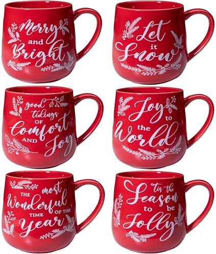 LEHAHA Ceramic Christmas Coffee Mug set,16 OZ Holiday Mugs Set of 6, Festival Coffee Cups with Warm Greeting sayings, Porcelain Christmas Drinkware Ideal for Hot Cocoa, Holiday Tea & Winter Beverages by LEHAHA