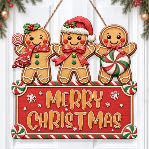 Christmas Decorations Gingerbread Trio Merry Christmas Hanging Wooden Sign by GUDIO