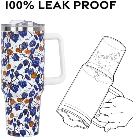 Fall Thanksgiving Tumbler with Lid and Straw 40oz, Cute Blue and White Porcelain Pumpkin Leaves Vacuum Insulated Leak Proof Stainless Steel Coffee Cup, Farmhouse Accessories Gift for Women Girls - Image 5