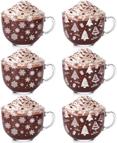 Patelai Glass Christmas Coffee Mugs 14 oz Snowflake Tree, 6 Pcs, Winter by Patelai