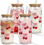 Cherries Bows Glass Cups -Set of 4, 18OZ Cherry Decor Iced Coffee Cups by MasonLife