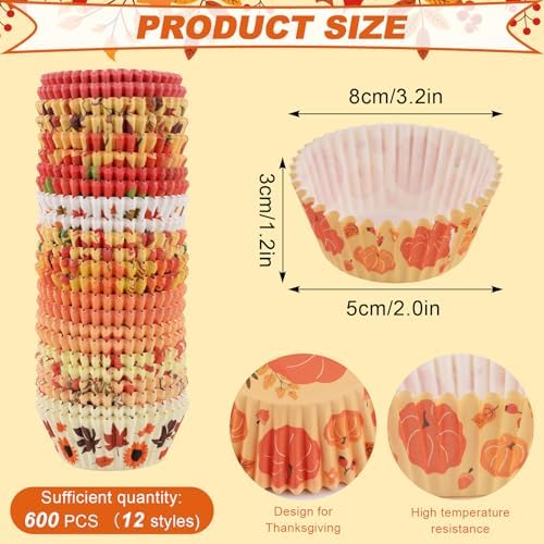 600 Pack Fall Cupcake Liners Thanksgiving Cupcake Wrappers Disposable Baking Cups Muffin Liners for Birthday Party Fall Themed Party Supply Decor (12 Styles) - Image 2