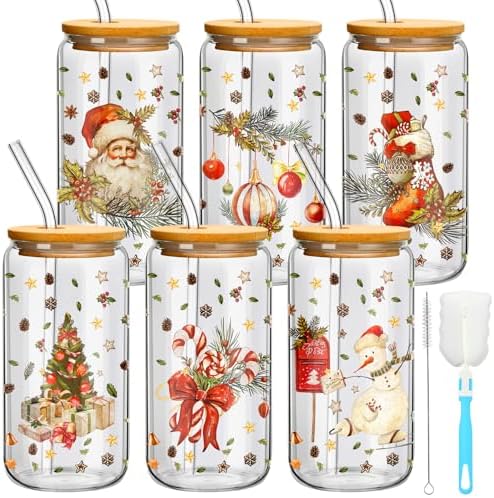 6 Set Christmas Glasses Cups with Bamboo Lid and Glass Straw 16 oz Vintage Christmas Drinking Cup Red Santa Beer Iced Coffee Cup Xmas Tumbler Mugs for Women Men Holiday Party Office Gifts by Yetene