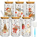 6 Set Christmas Glasses Cups with Bamboo Lid and Glass Straw 16 oz Vintage Christmas Drinking Cup Red Santa Beer Iced Coffee Cup Xmas Tumbler Mugs for Women Men Holiday Party Office Gifts by Yetene