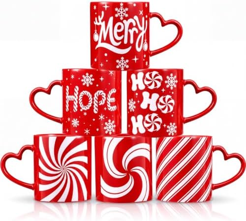 Christmas Mugs Set of 6 with Heart Handles, 10 oz Ceramic Cups by Pickmesh