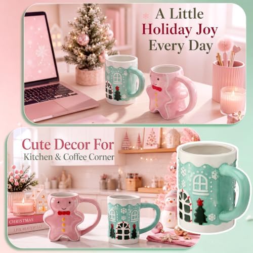 2 Pcs Christmas Ceramic Mugs, 3D Gingerbread Man and House, 12 oz - Image 4