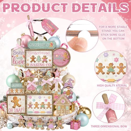 Shellwei 24pcs Pink Christmas Tiered Tray Decor Set Rustic Gingerbread Sign - Image 4