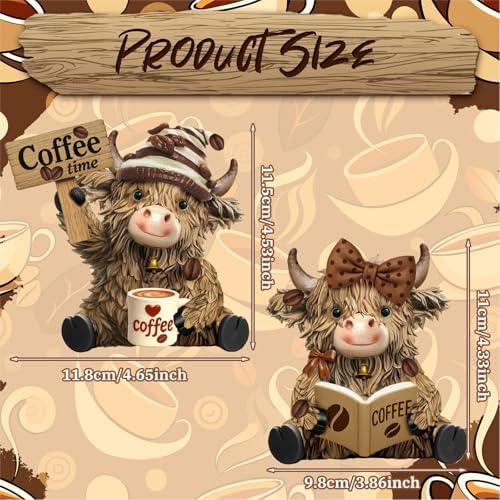 2 Pack Resin Highland Cow Figurine Decor, Coffee Theme - Image 3